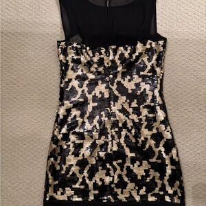 Max & Cleo Strapless Black and Gold Sequin Dress